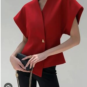 Commense Elegant Red V-Neck Blouse